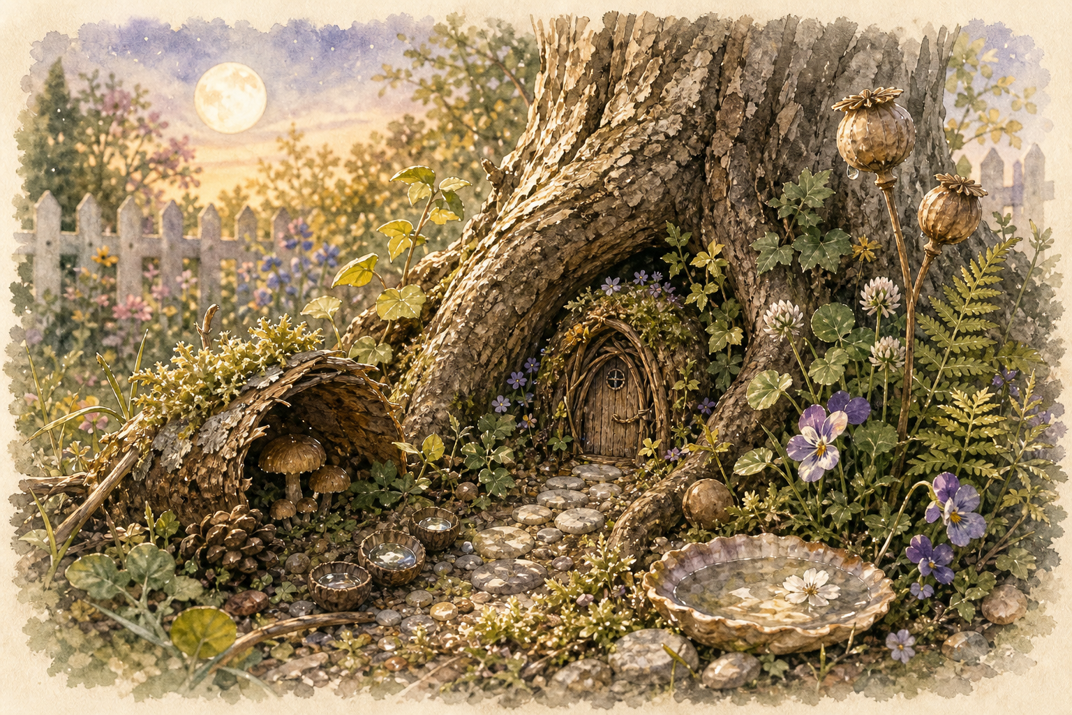 Luminous watercolor fairy habitat nestled among tree roots in an everyday garden