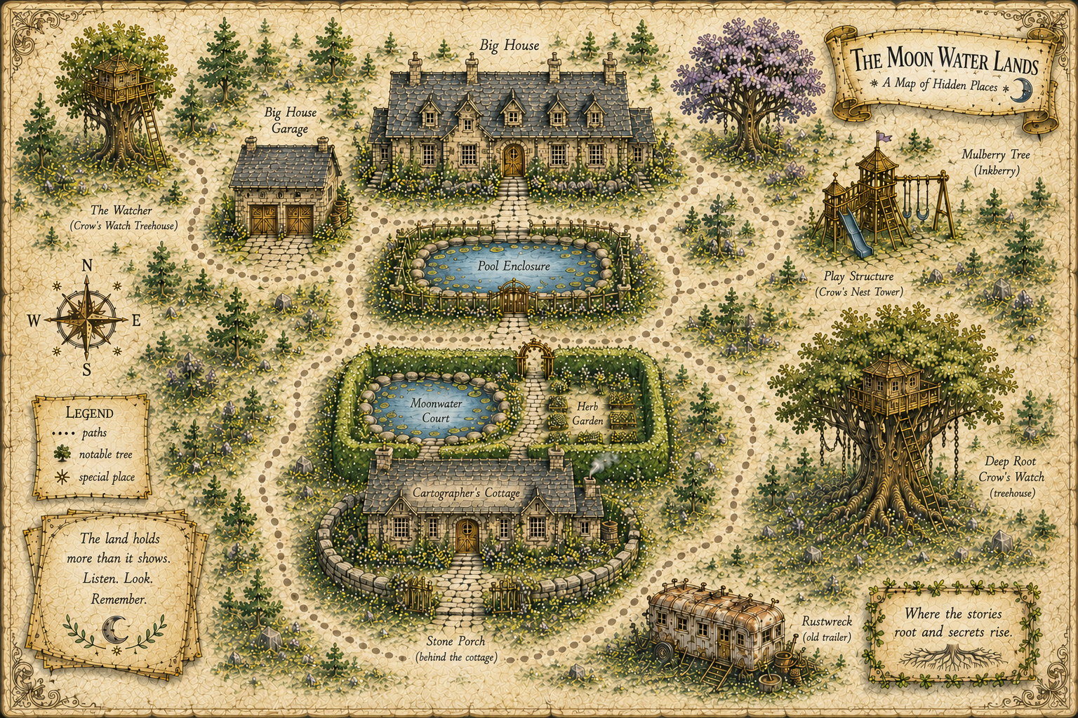 Light watercolor map titled The Moon Water Lands, showing a house, garden, trees, pathways, and hidden places
