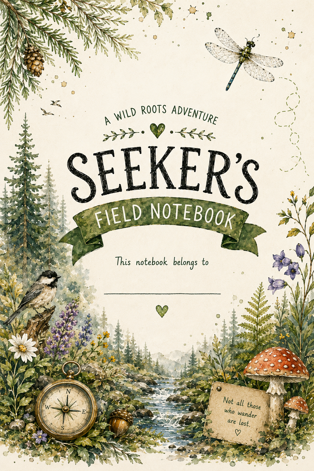 Watercolor Seeker's Field Notebook surrounded by woodland plants, a compass, bird, mushrooms, and dragonfly