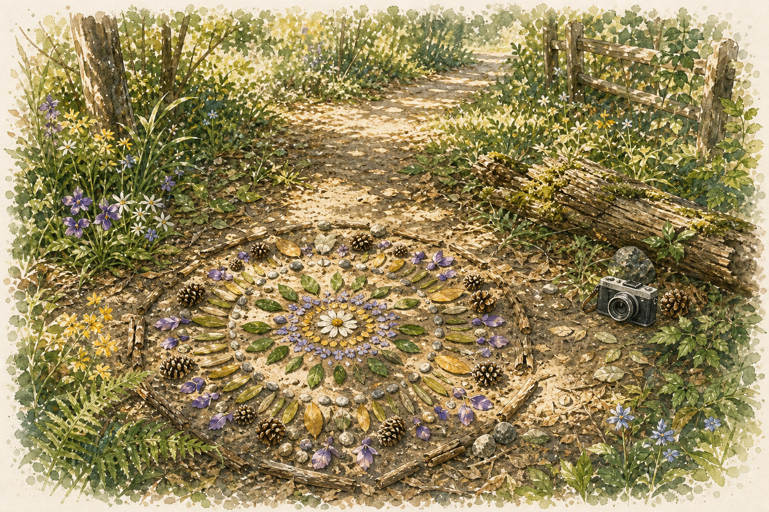 Watercolor nature walk with leaves, stones, petals, a camera, and a small arrangement left beside a park path